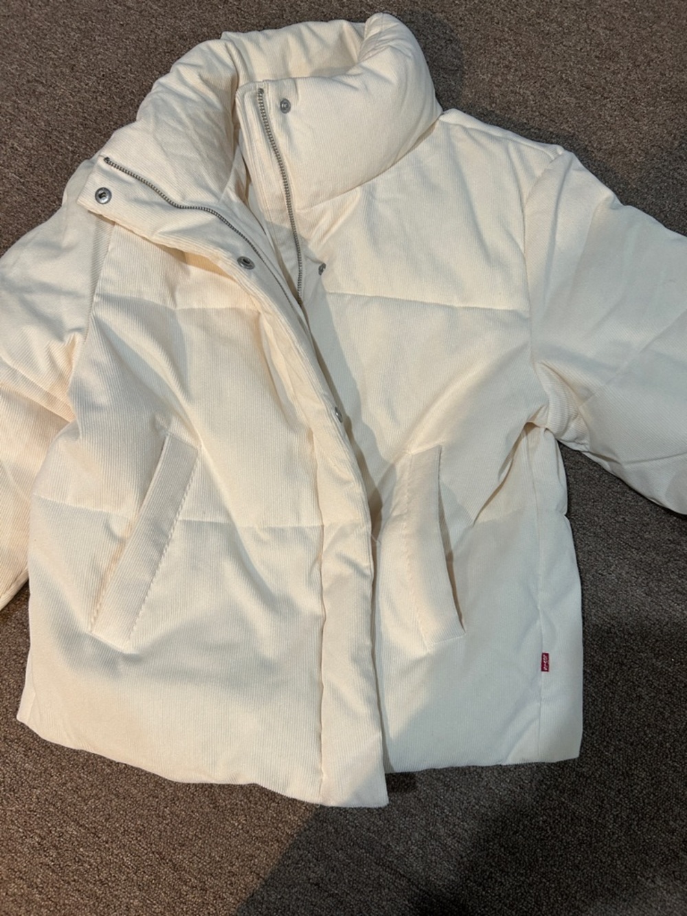 Cream Puffer Jacket with High Collar